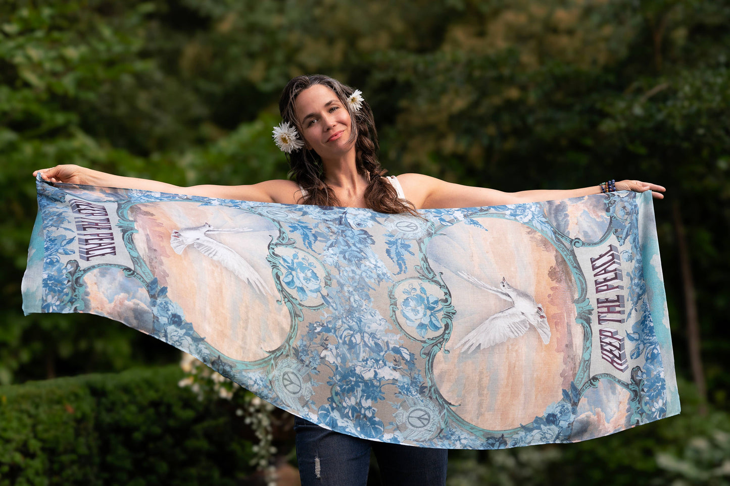 Peace Out Scarf with Doves and Sunrise