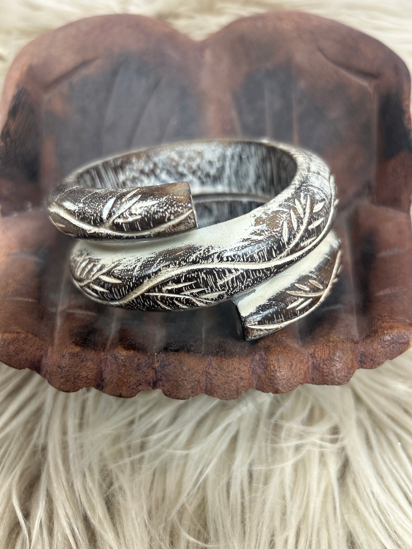 Carved Spiral Wood Bangle Grey