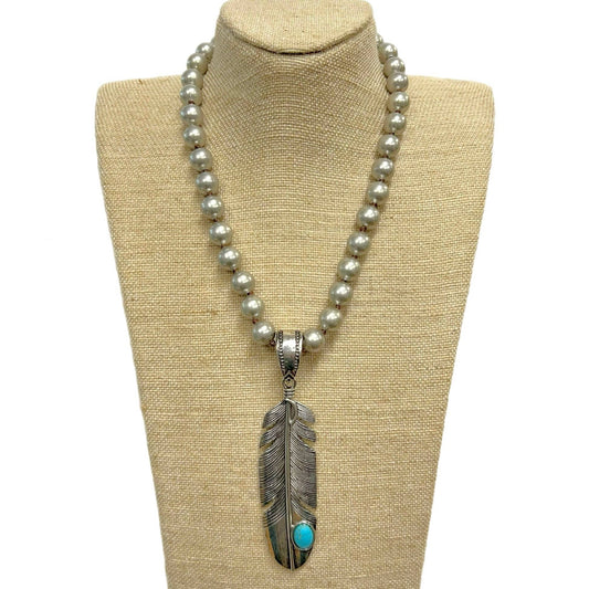 Feather with Turquoise Pendant on Faux Navajo Pearl Necklace