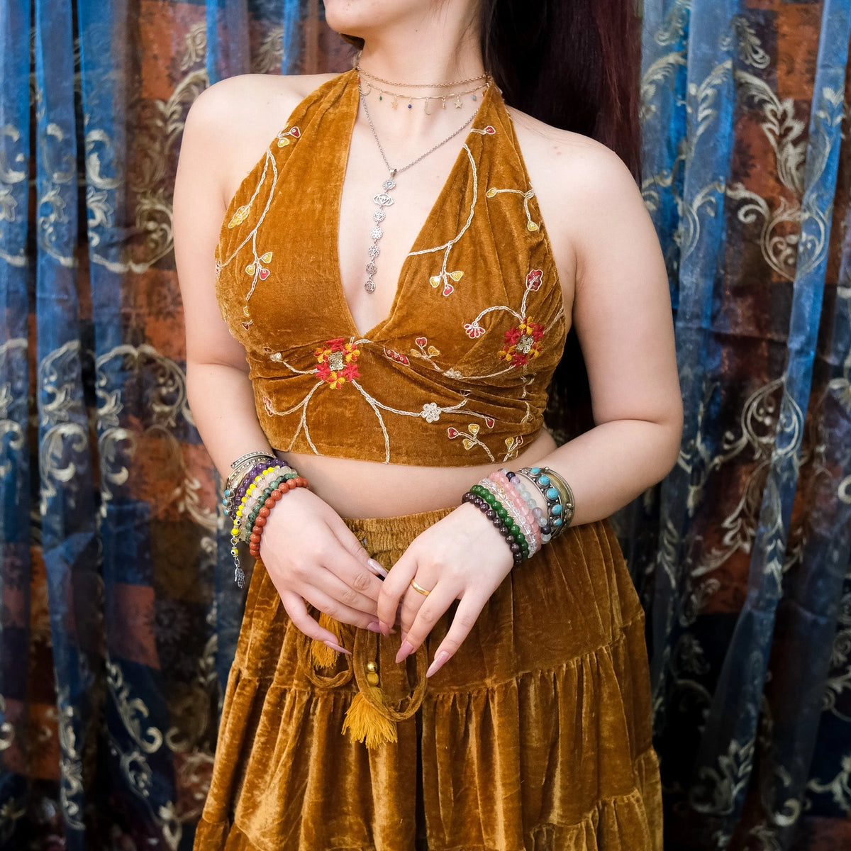 Embroidered Velvet Halter - Gold