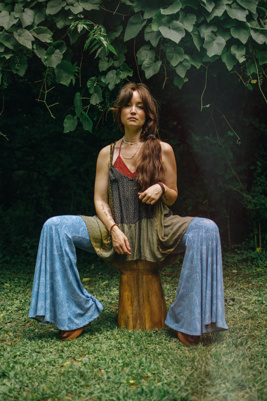 Buttery Knit Extreme Bells in Dusty Blue Paisley - Kantha Bae