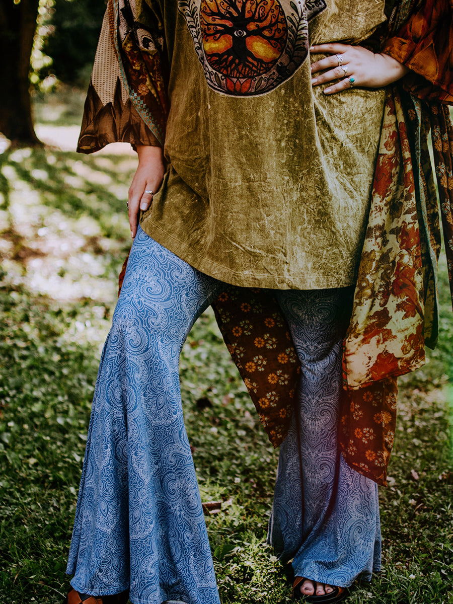 Buttery Knit Extreme Bells in Dusty Blue Paisley - Kantha Bae