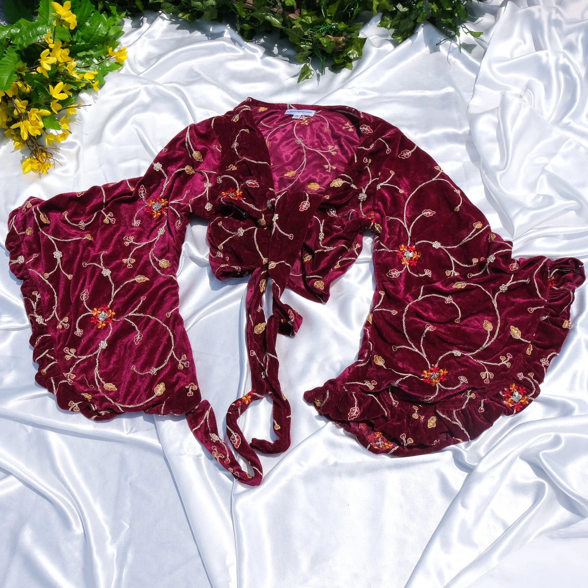 Embroidered Velvet Wrap Top - Wine