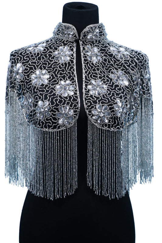 Beaded Shawl Silver Fringes with Collar