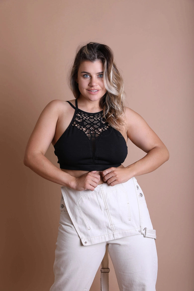 XS/S High Neck Floral Cutout Seamless Crop Top - Black -001