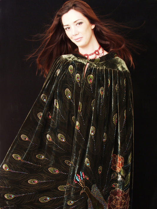 Beaded Velvet Victorian Peacock Cape OLIVE