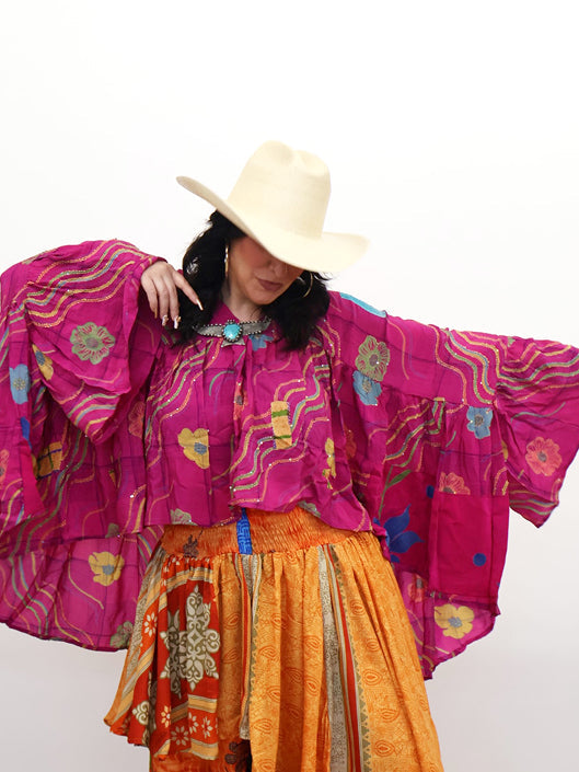 Crepe Sari Bell Sleeve Golddust Crop