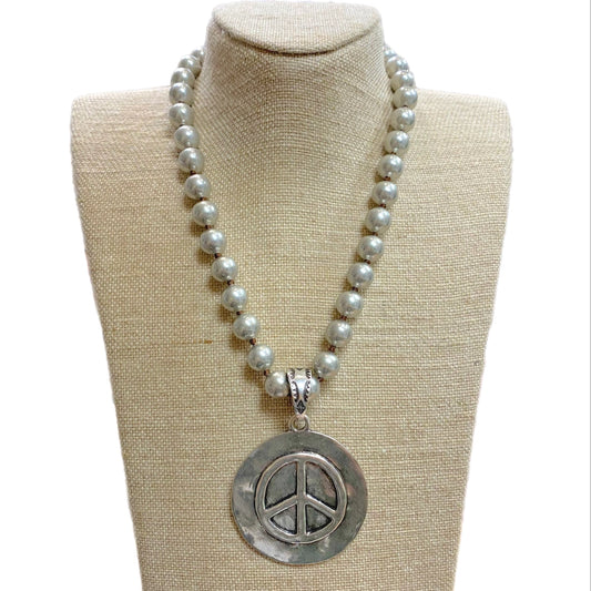 Peace Sign Coin Pendant on Faux Navajo Pearl Necklace -001