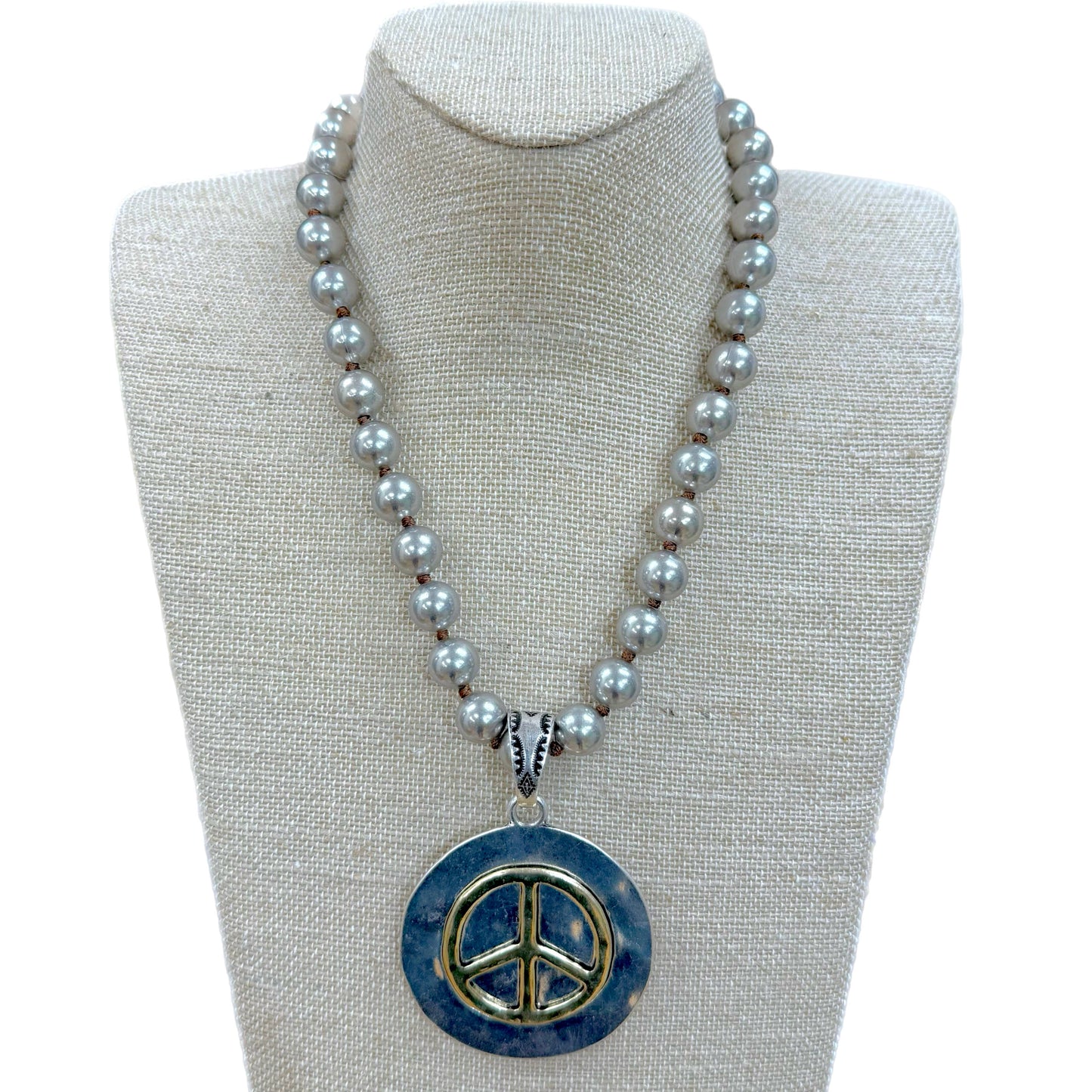Two Tone Peace Sign Coin Pendant on Faux Navajo Pearls