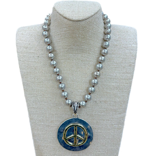 Two Tone Peace Sign Coin Pendant on Faux Navajo Pearls