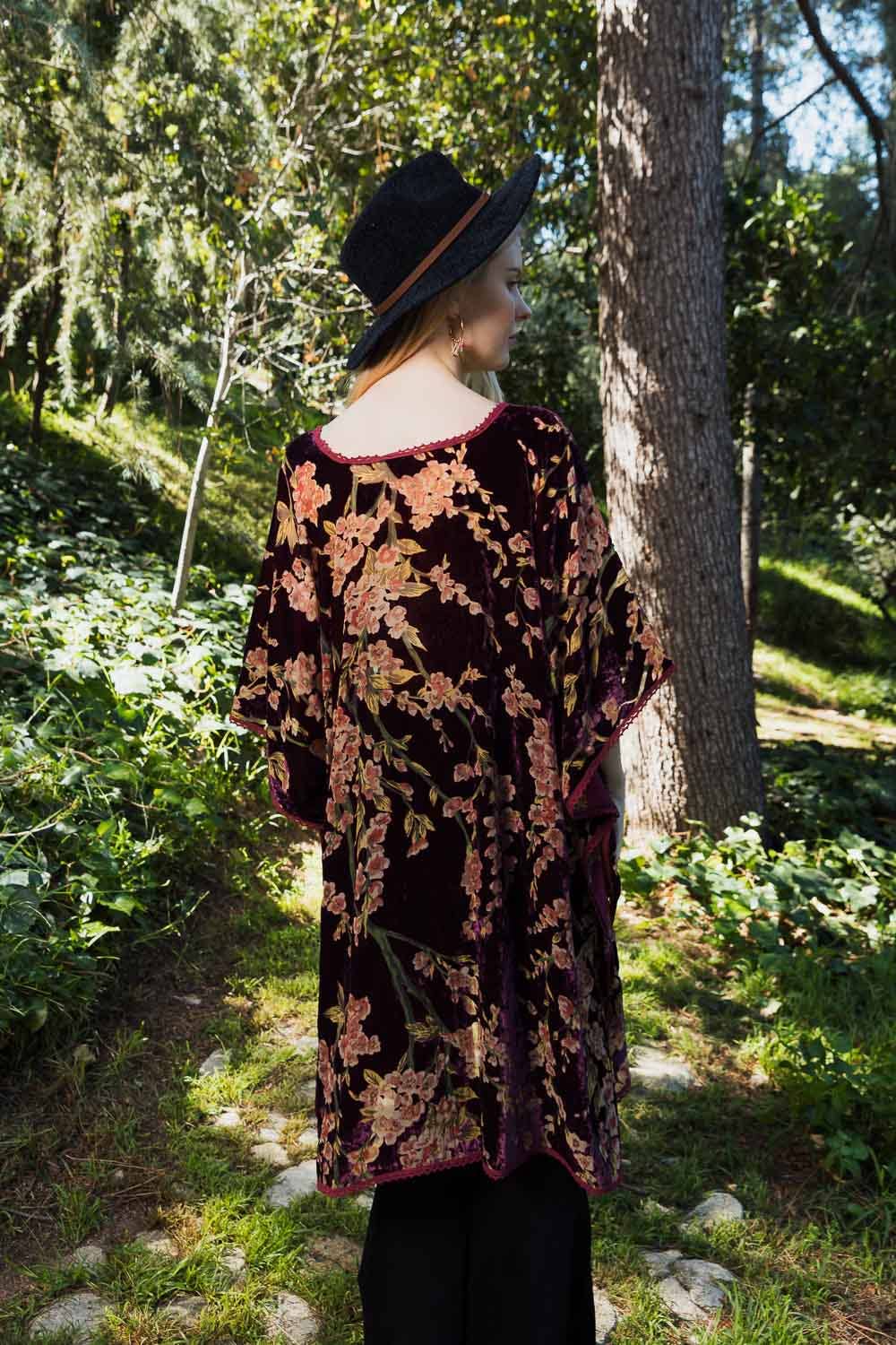 Velvet Blossom Longline Kimono w/ Cinched Armholes: Berry - Kantha Bae