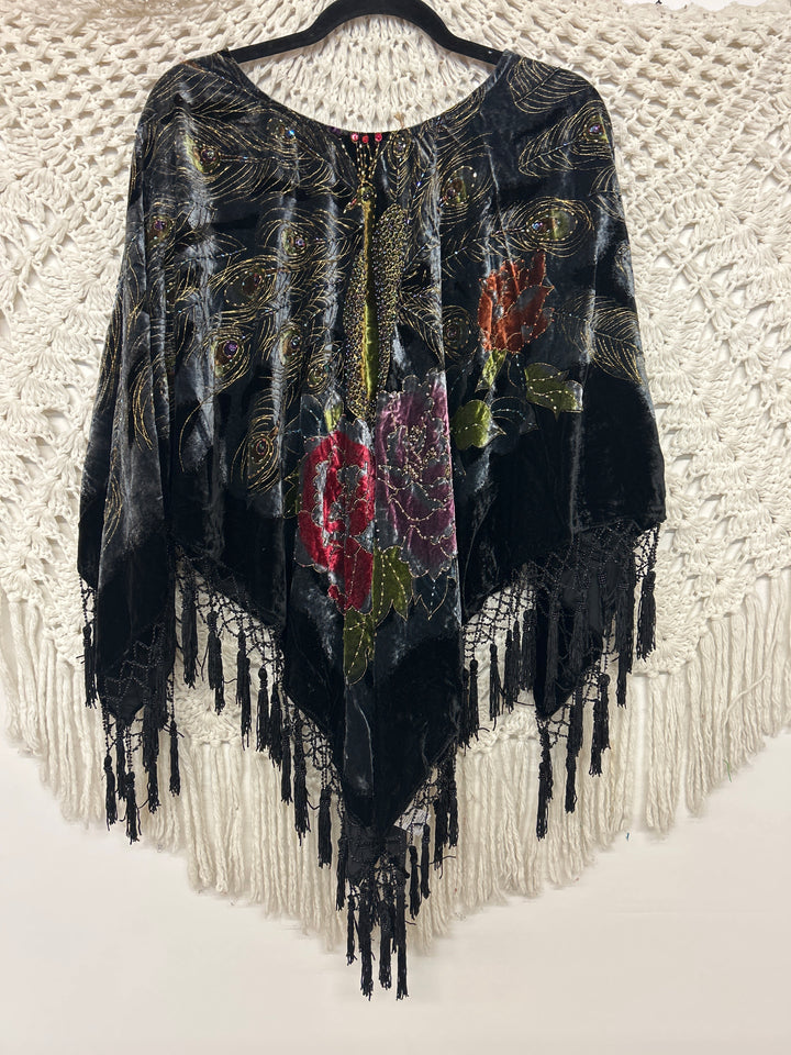 Velvet Peacock Poncho with beads, Black -001