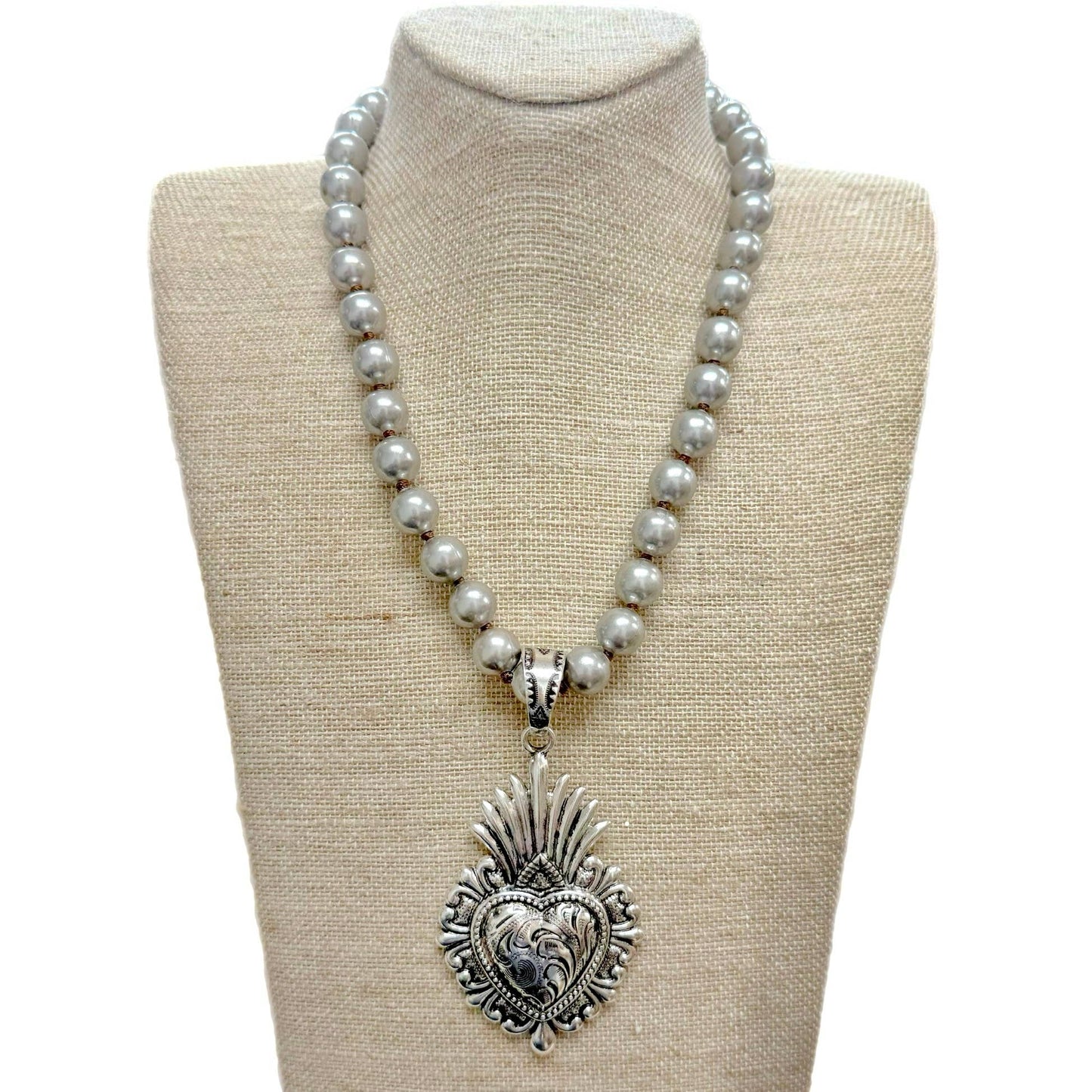 Sacred Heart Pendant on Faux Navajo Pearl Necklace