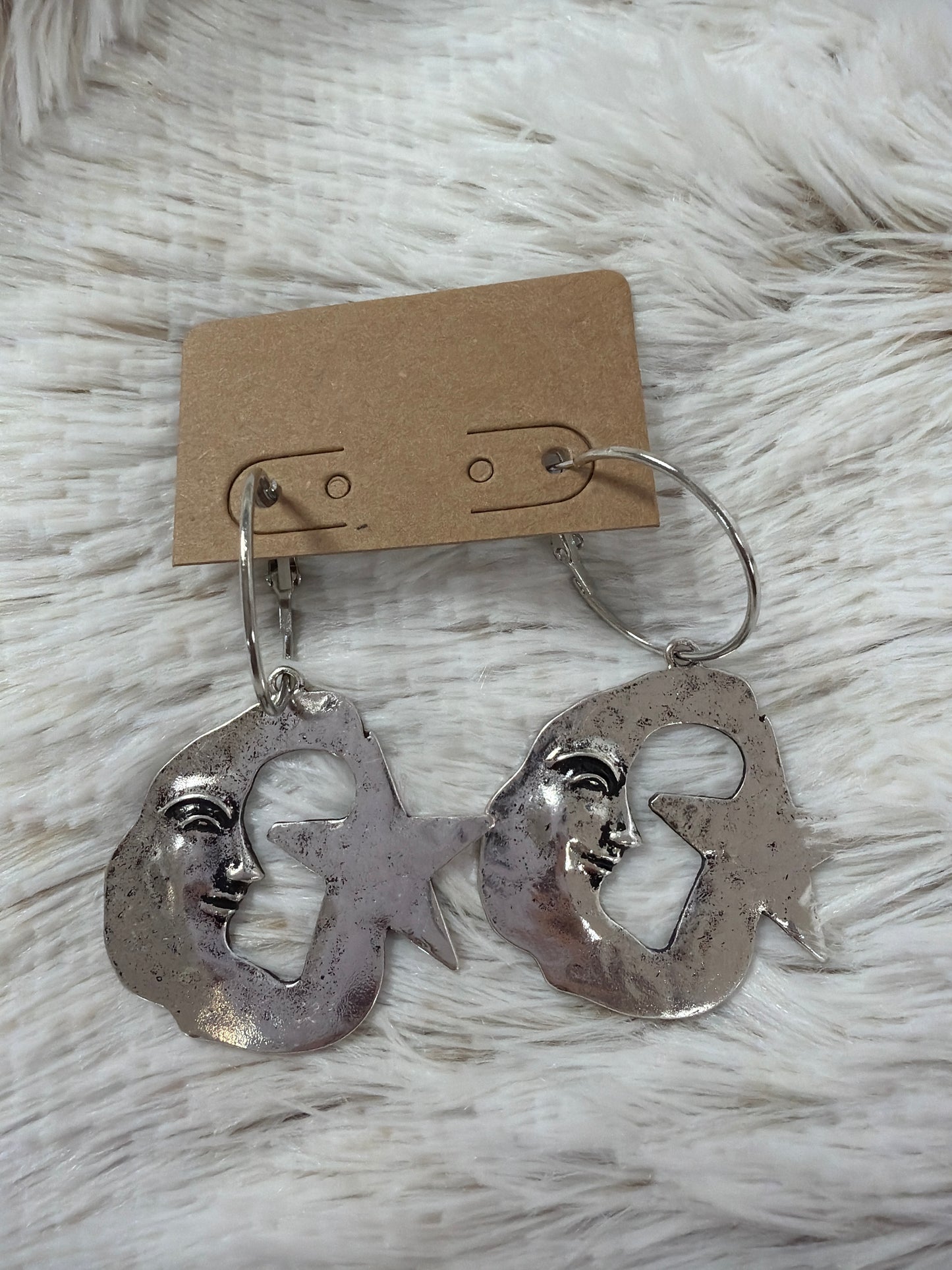 Silver Metal Hoop Earrings - Moon & Star