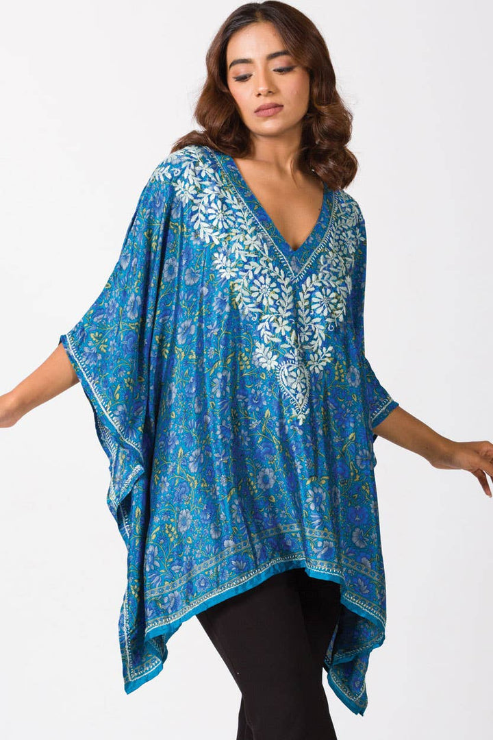 Demira Hand Embroidered Tops: Free Size 30" Length / Lavender & Blue - Kantha Bae