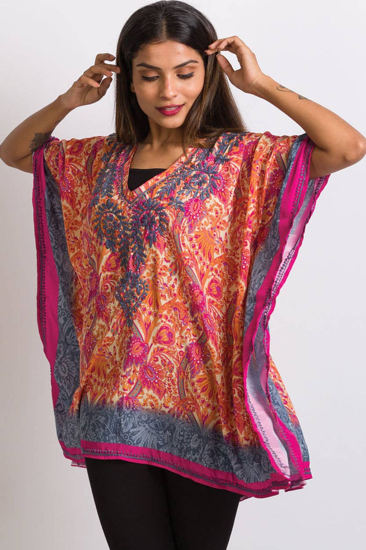 Demira Hand Embroidered Tops: Free Size 30" Length / Orange & Fuchsia - Kantha Bae