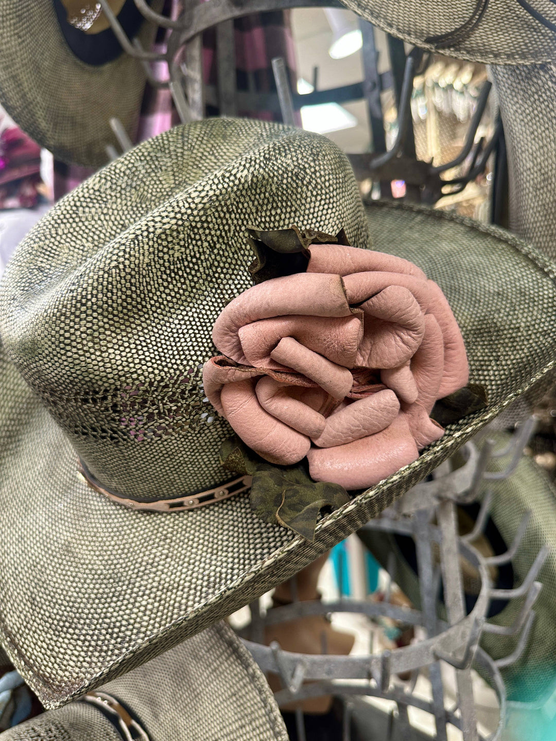 Rosie Straw Hat-Vintage White and Sage: Sage green/pink flower