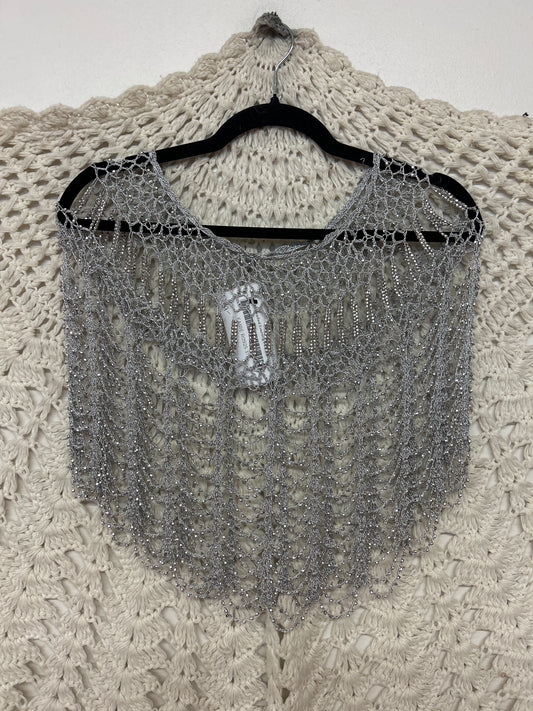 RETAIL Shanghai Beaded Evening Poncho - Silver w/ Silver Beads - 001