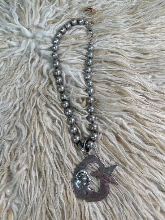 Moon Face & Star Pendant on 12mm Faux Navajo Pearl Necklace -001