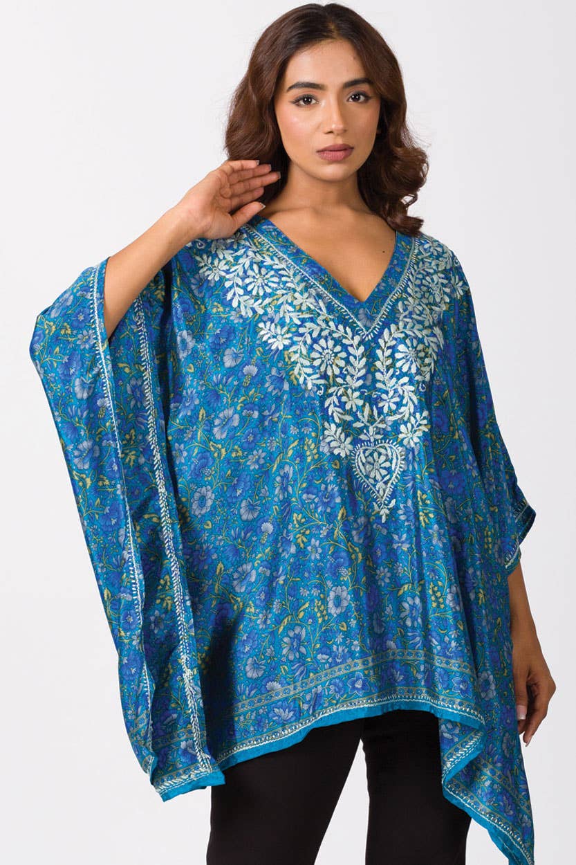 Demira Hand Embroidered Tops: Free Size 30" Length / Lavender & Blue - Kantha Bae