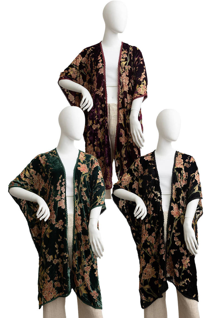 Velvet Blossom Longline Kimono w/ Cinched Armholes: Berry - Kantha Bae