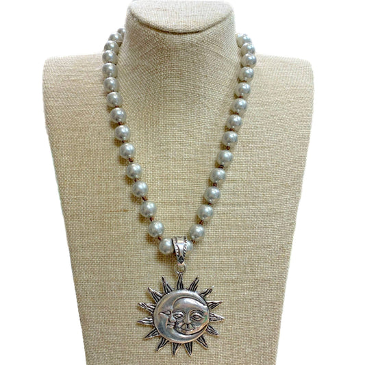 Moon & Sun Pendant on 12MM Faux Navajo Pearl Necklace