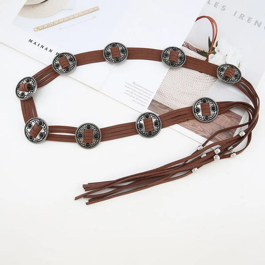 Vintage Bohemian Embellished Belt - Brown