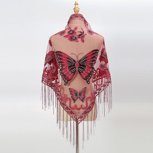Lace Butterfly Triangle Shawl - WIne