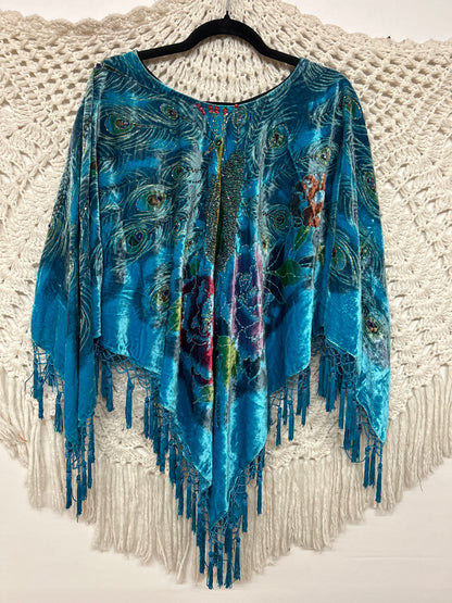 Velvet Peacock Poncho w/ beads - Black - TUR - 001