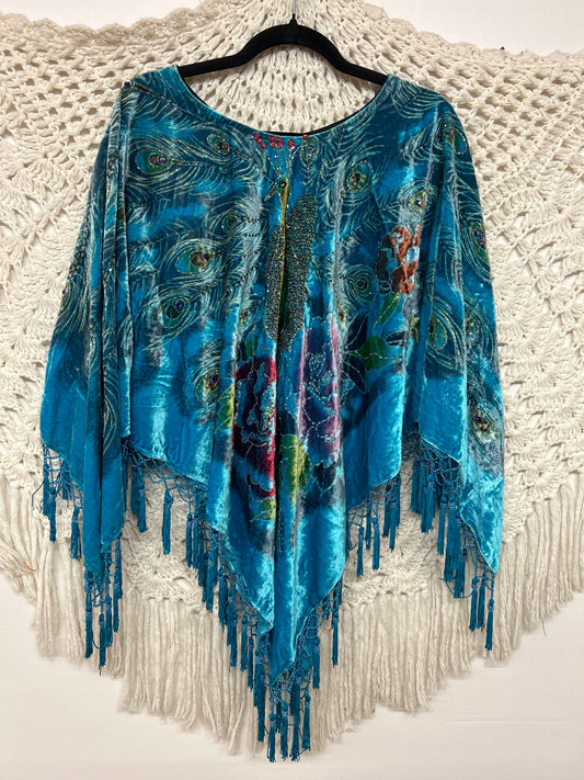 Velvet Peacock Poncho w/ beads - Black - TUR - 001