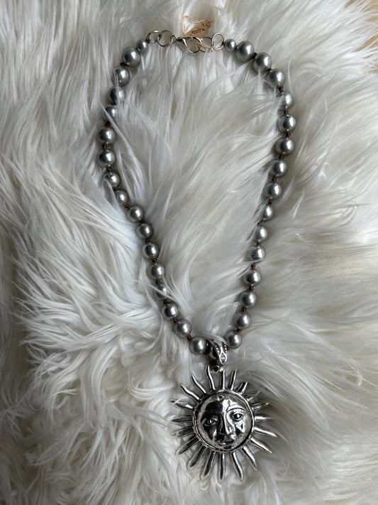 Sun Pendant on Faux Navajo Pearl Necklace -001