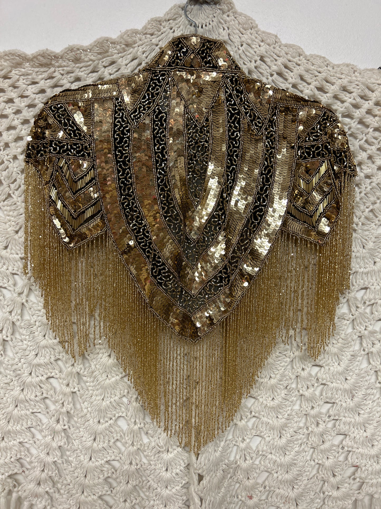 Beaded Shawl - Gold Fringe w/ Collar - Gold - 001