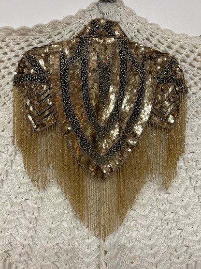 Beaded Shawl - Gold Fringe w/ Collar - Gold - 001