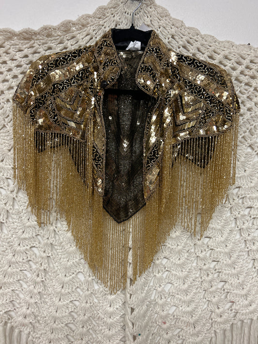 Beaded Shawl - Gold Fringe w/ Collar - Gold - 001
