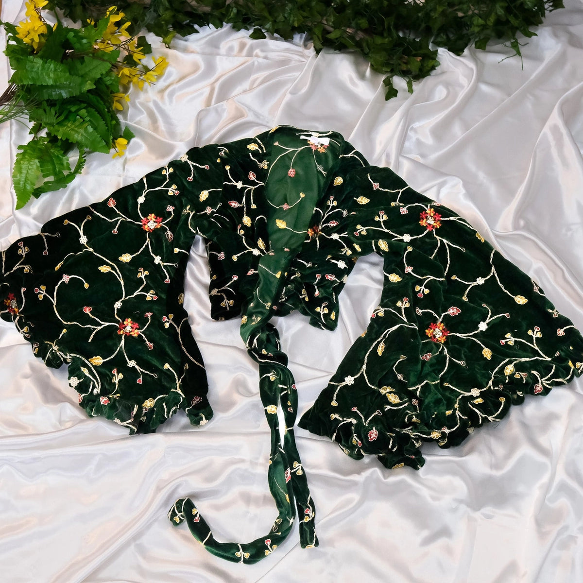 Embroidered Velvet Wrap Top - Emerald