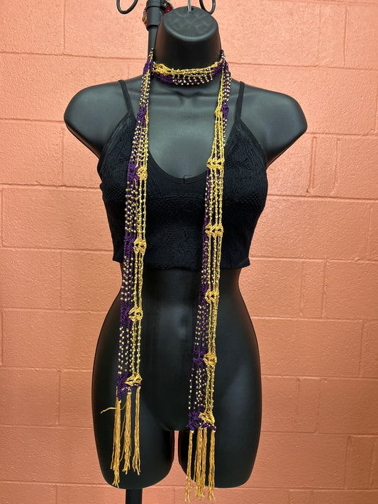 Beaded Scarf Eggplant Bright Gold w/Gold Beads