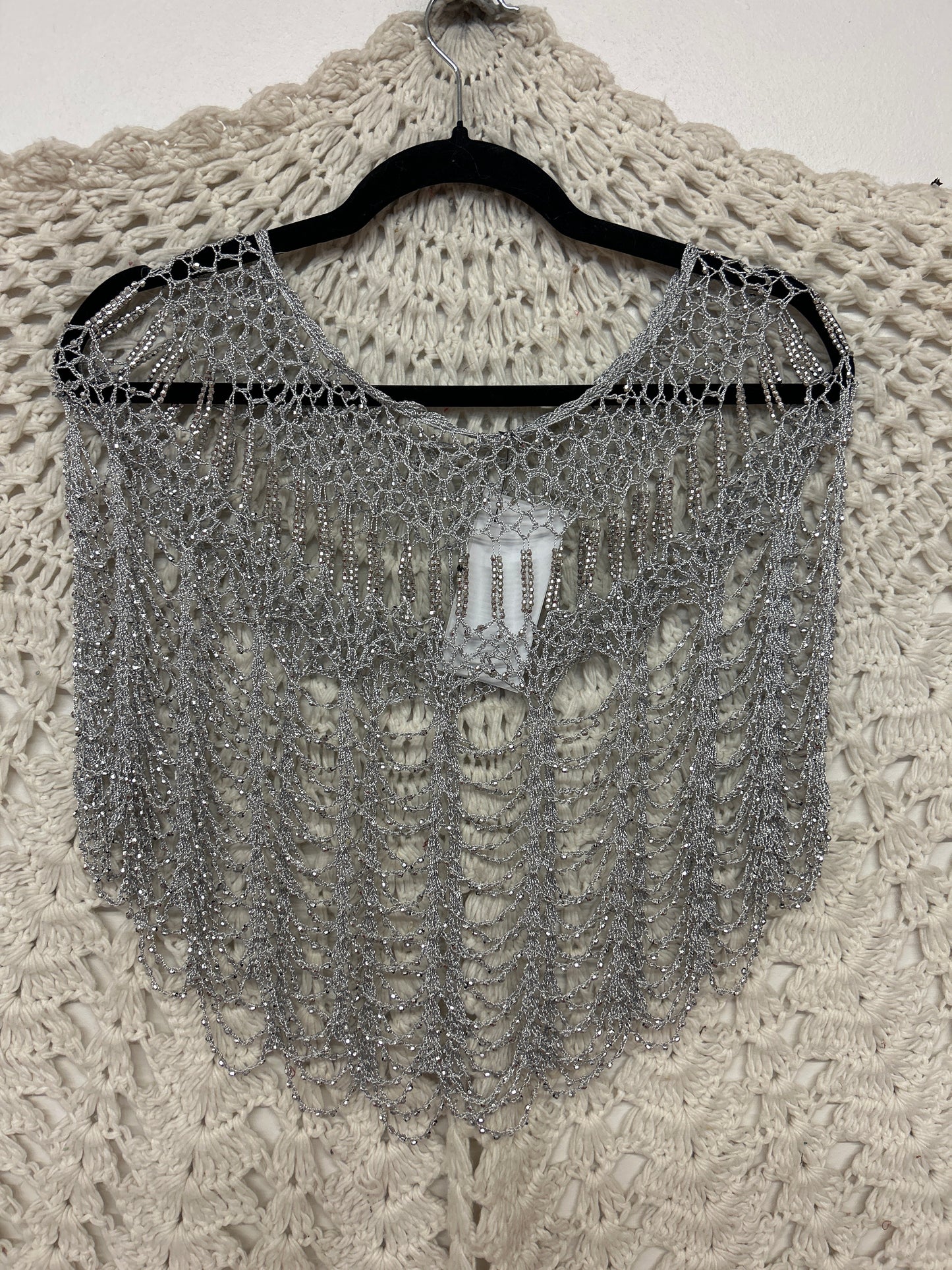 RETAIL Shanghai Beaded Evening Poncho - Silver w/ Silver Beads - 001
