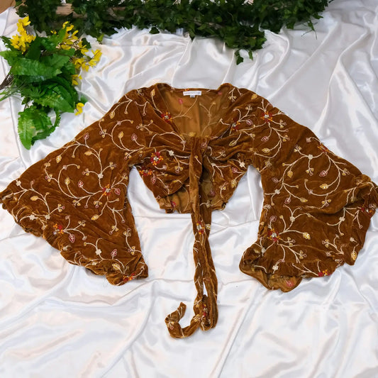 Embroidered Velvet Wrap Top - Gold