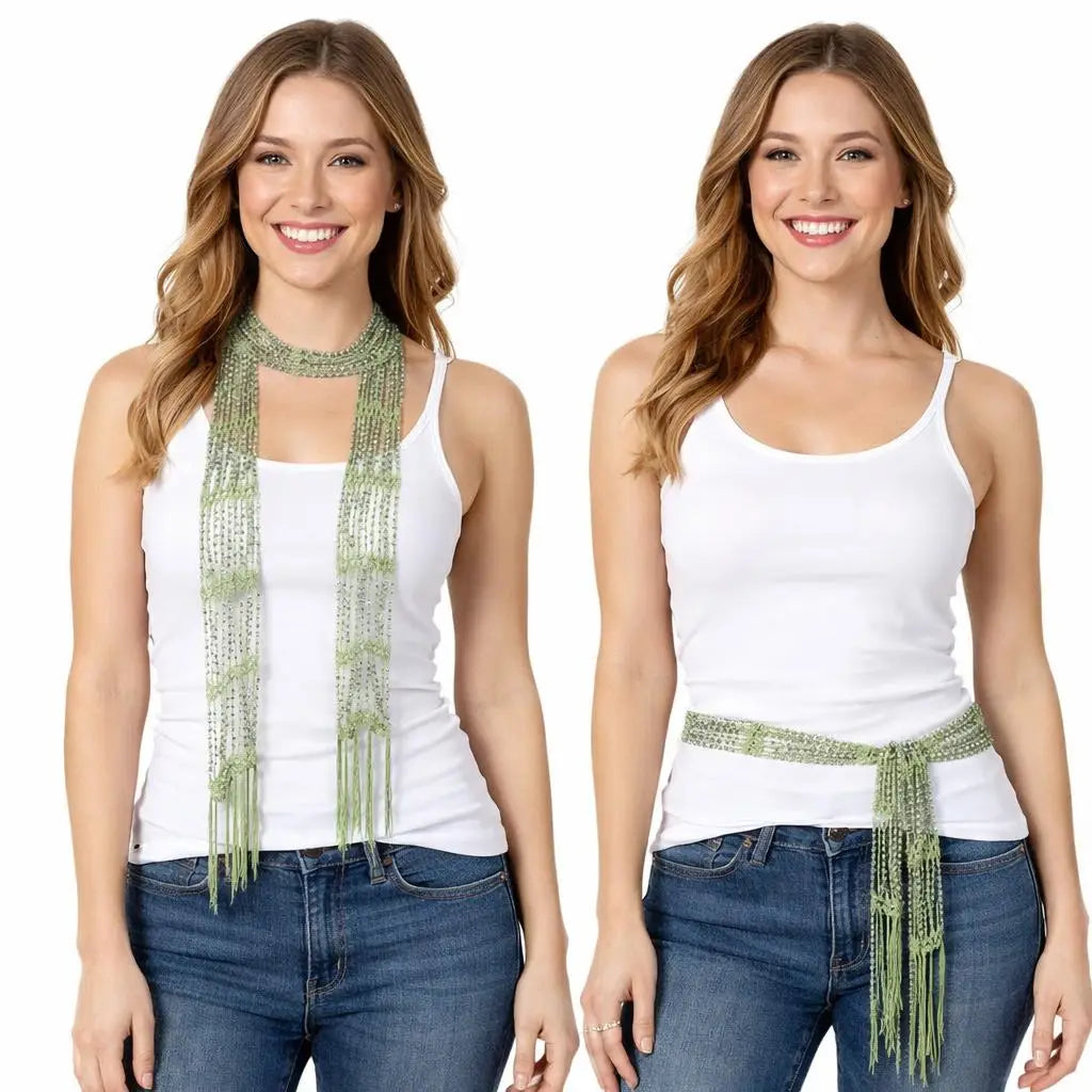 Beaded Scarf Green w/ Silver Beads
