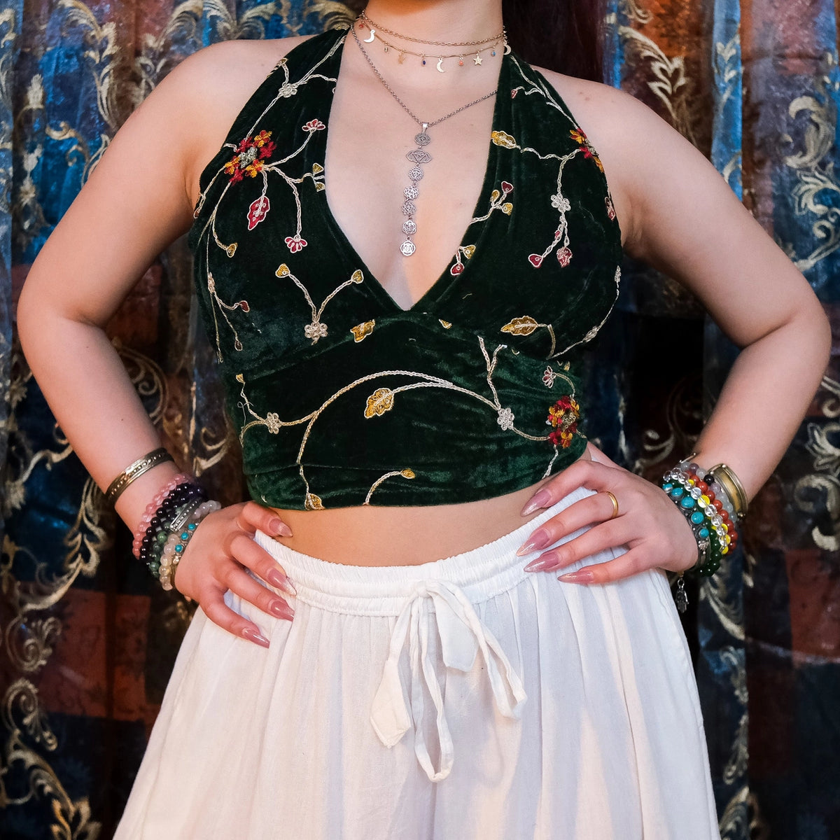 Embroidered Velvet Halter - Emerald
