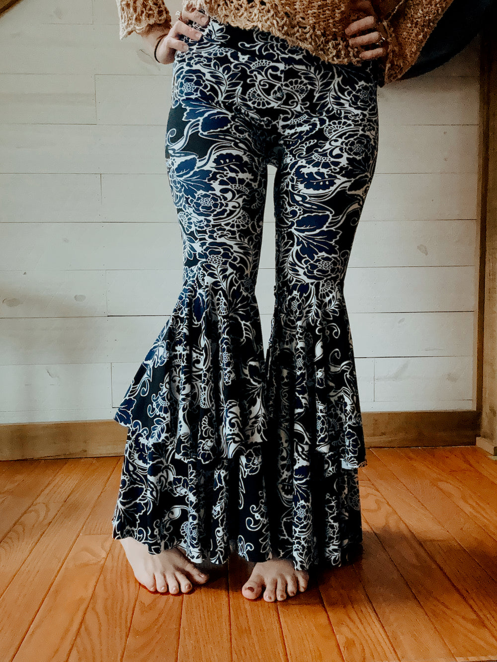 Buttery Knit Ruffle Bells in Navy Floral - Kantha Bae