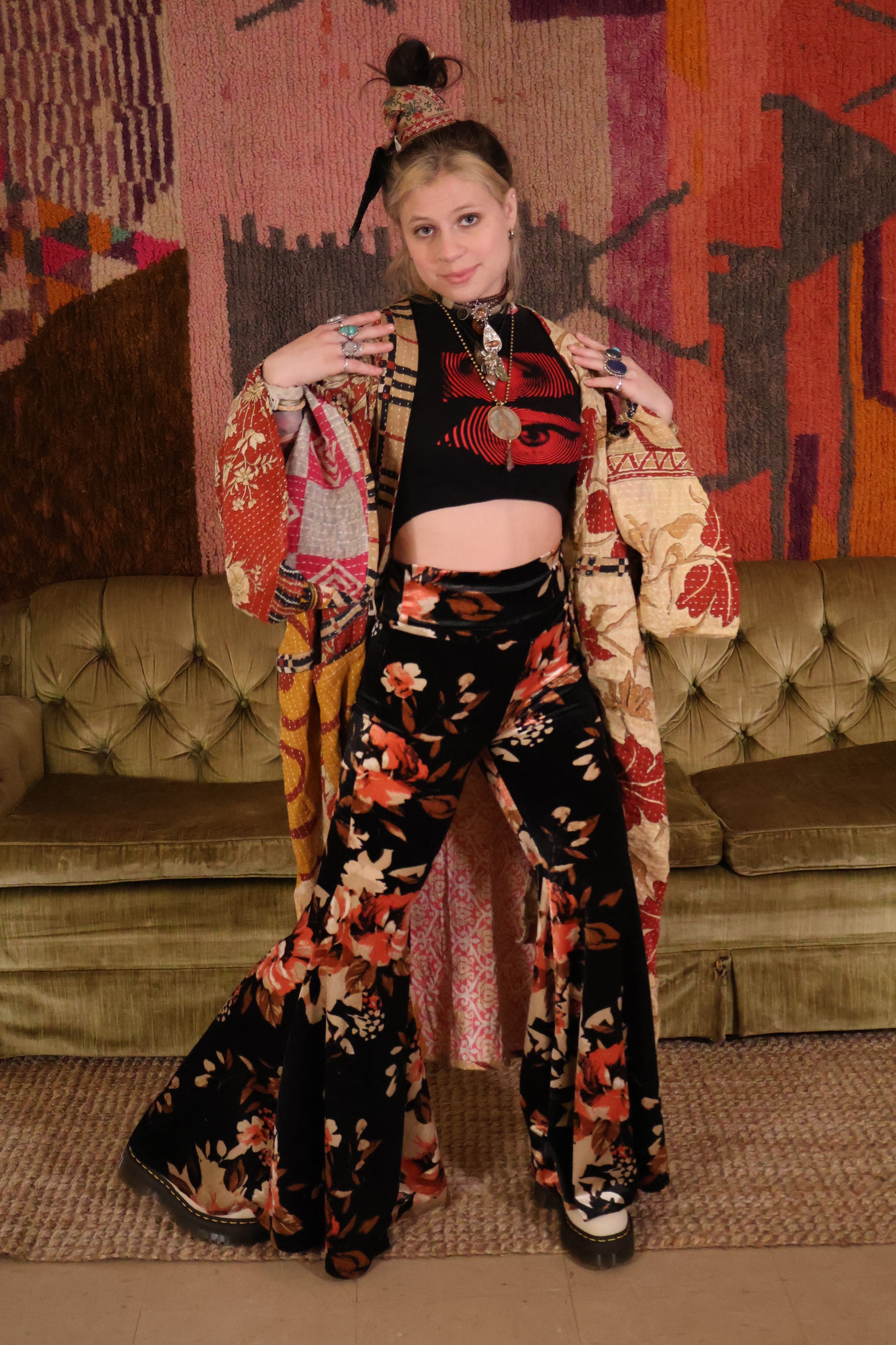 Floral Velvet Extreme Bells - Black/Coral - Kantha Bae