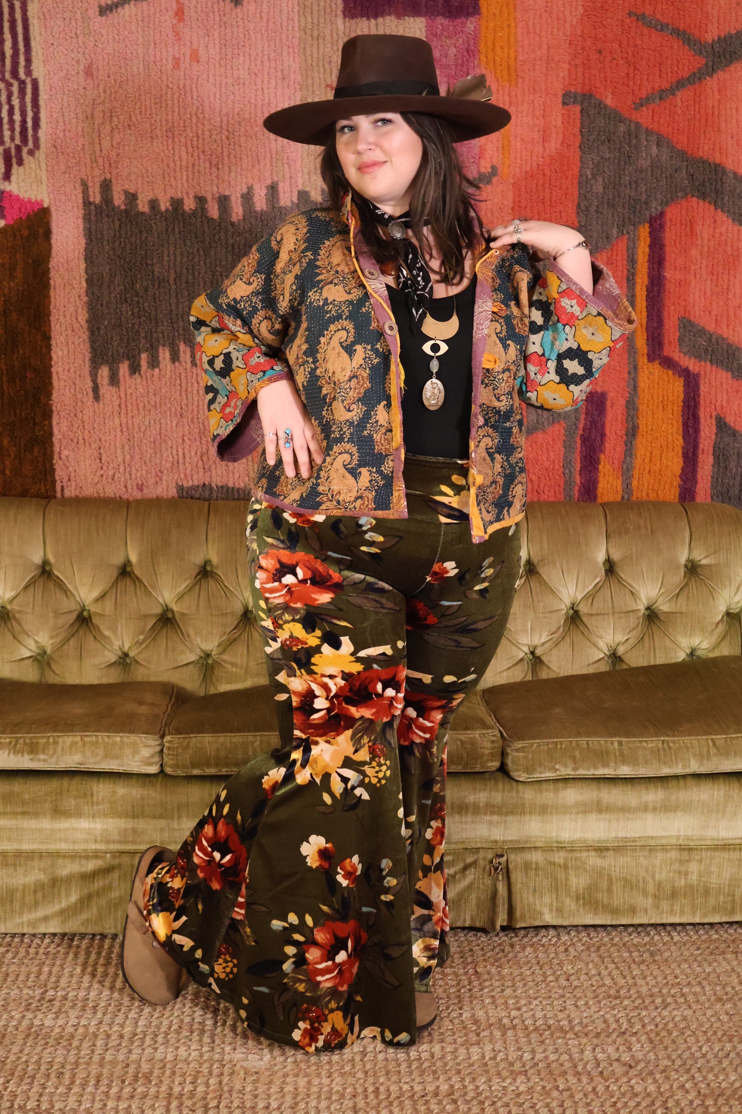 Floral Velvet Extreme Bells - Olive/Mustard - Kantha Bae