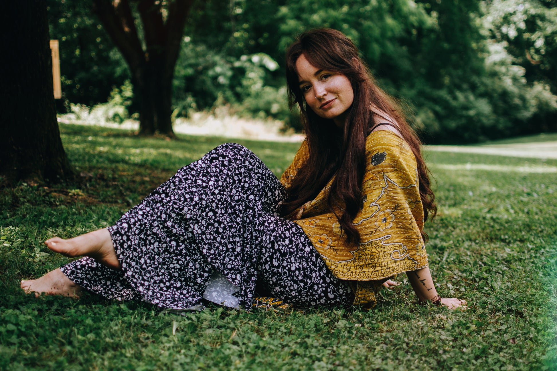 Buttery Knit Ruffle Bells in Black and White Floral - Kantha Bae