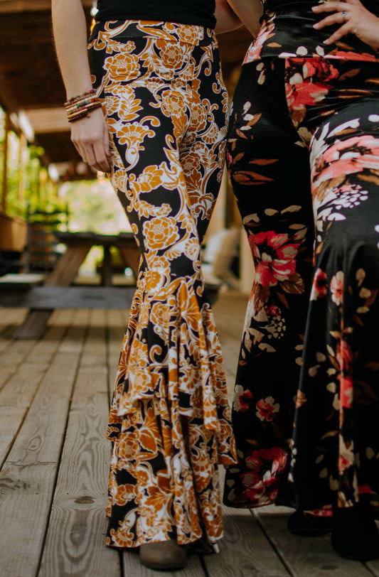 Buttery Knit Ruffle Bells in Mustard Floral - Kantha Bae