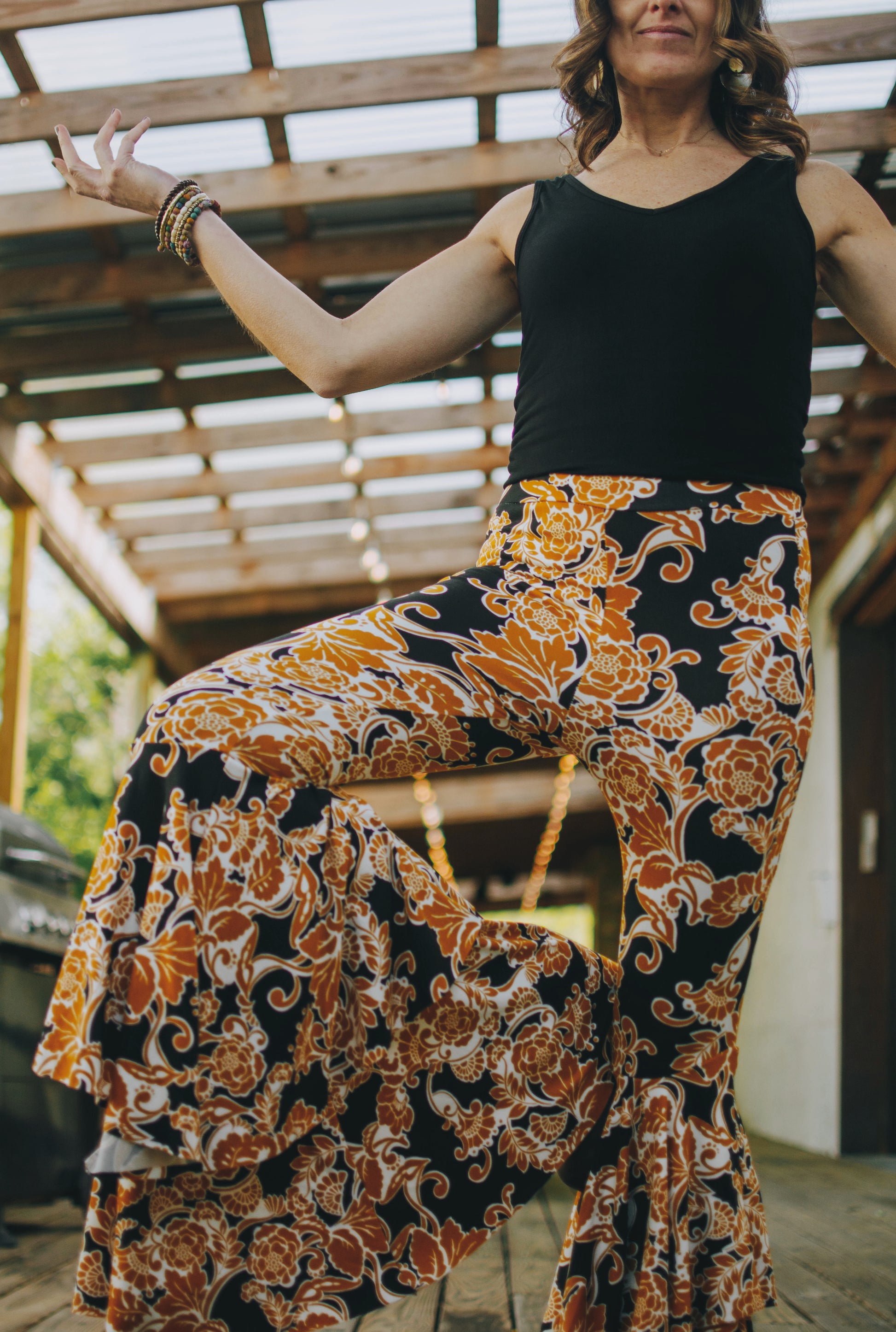 Buttery Knit Ruffle Bells in Mustard Floral - Kantha Bae
