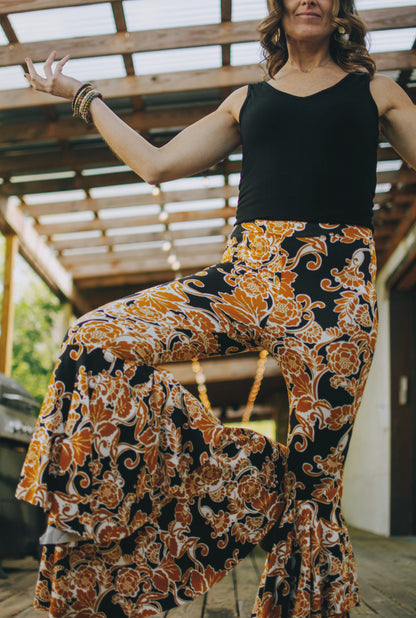 Buttery Knit Ruffle Bells in Mustard Floral - Kantha Bae