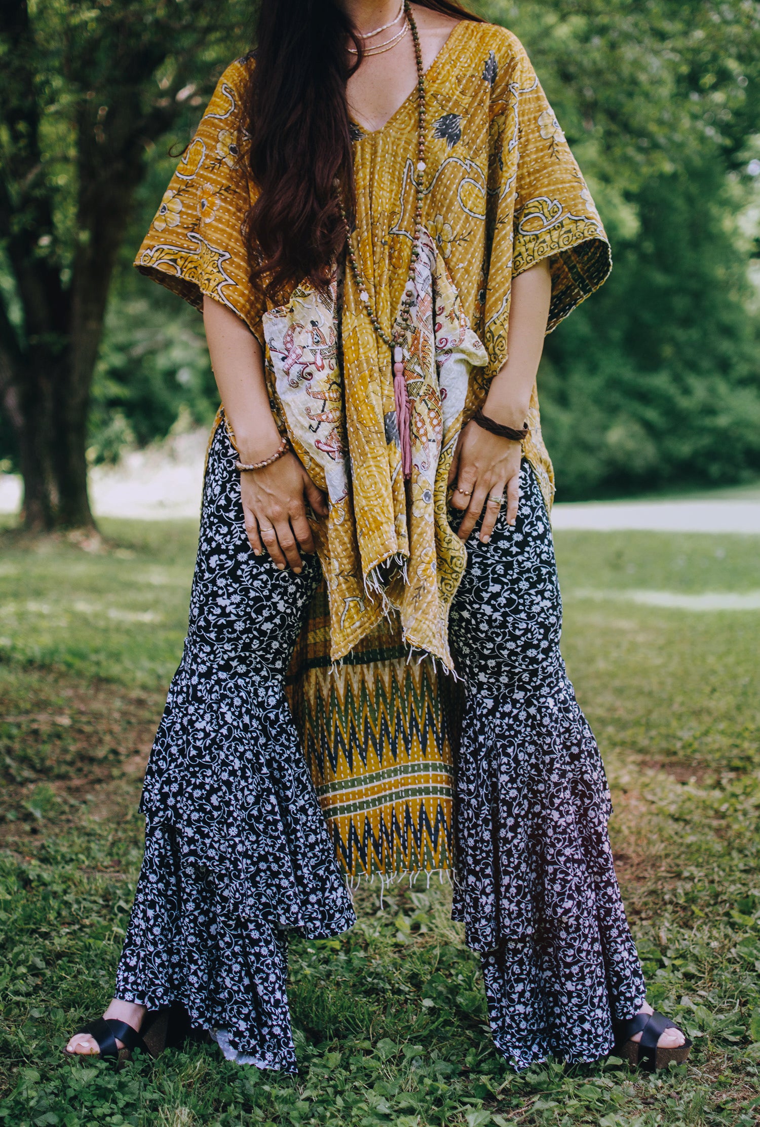 Buttery Knit Ruffle Bells in Black and White Floral - Kantha Bae