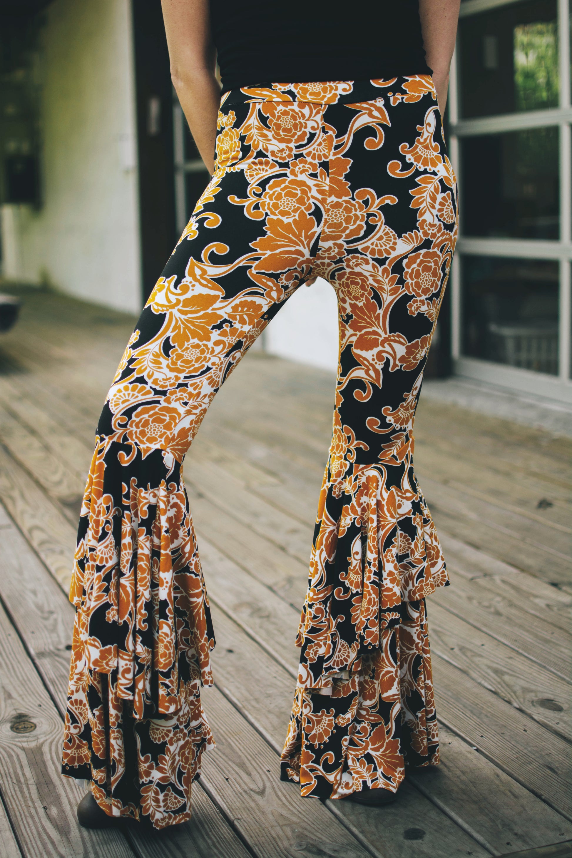 Buttery Knit Ruffle Bells in Mustard Floral - Kantha Bae