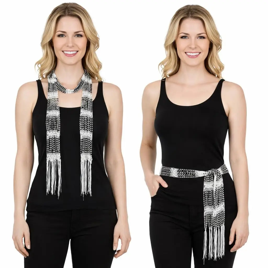 Beaded Scarf White w/Black Beads